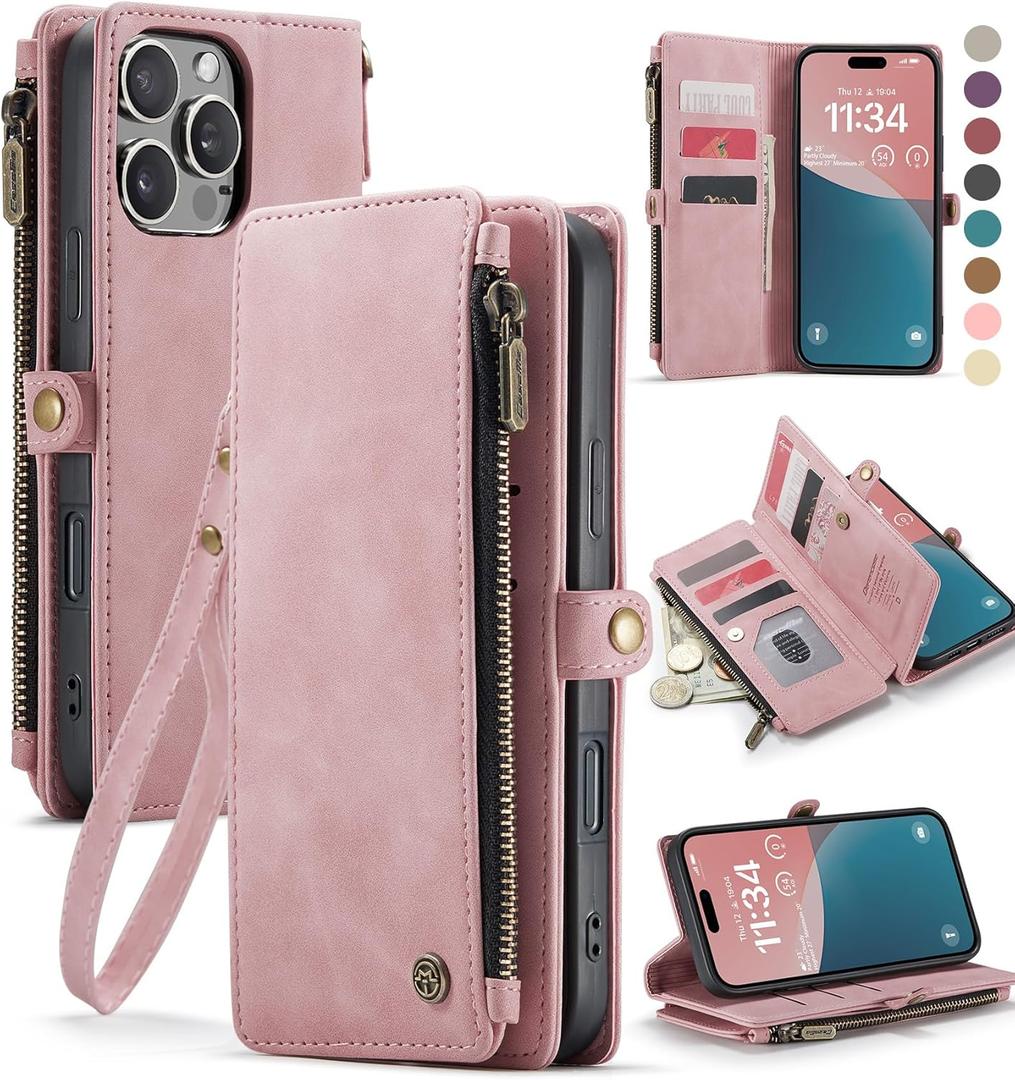 Defencase Compatible with iPhone 16 Pro Case Wallet with RFID Blocking Card Holder for Women Men, PU Leather Magnetic Snap Flip Zipper Strap Wallet Phone Case Fit for iPhone 16 Pro 6.3", Rose Pink