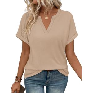 WIHOLL Womens Blouses Spring Tops Short Sleeve Shirts Dressy Casual Summer Vacation Fashion Clothing 2026 (Beige, XL)