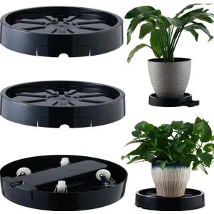 3 Pack 12.6 Inch Resin Plant Caddy with Hidden Wheels Rolling Plant Stand with Wheels Plant Dolly Outdoor Big Flower Stand Plant Pot Saucers, Black