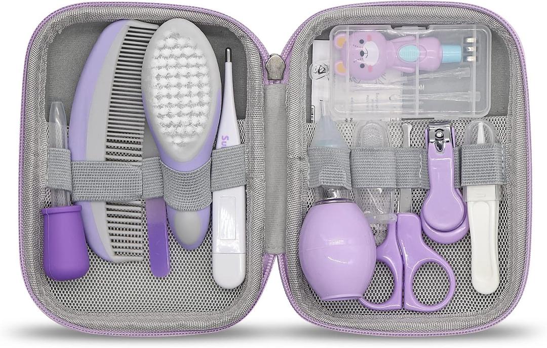 Baby Grooming Kit, 15 in 1 Portable Baby Safety Care Kit with Baby Brush and Comb Set Nail Clippers Nasal Aspirator etc for Nursery Newborn Infant Girl Boys Keep Clean Baby Essentials (Purple)