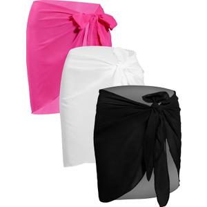 3 Pieces Beach wrap Sarongs Women Cover ups Swimsuits Wraps for Vacation (Black, White, Rose Red)