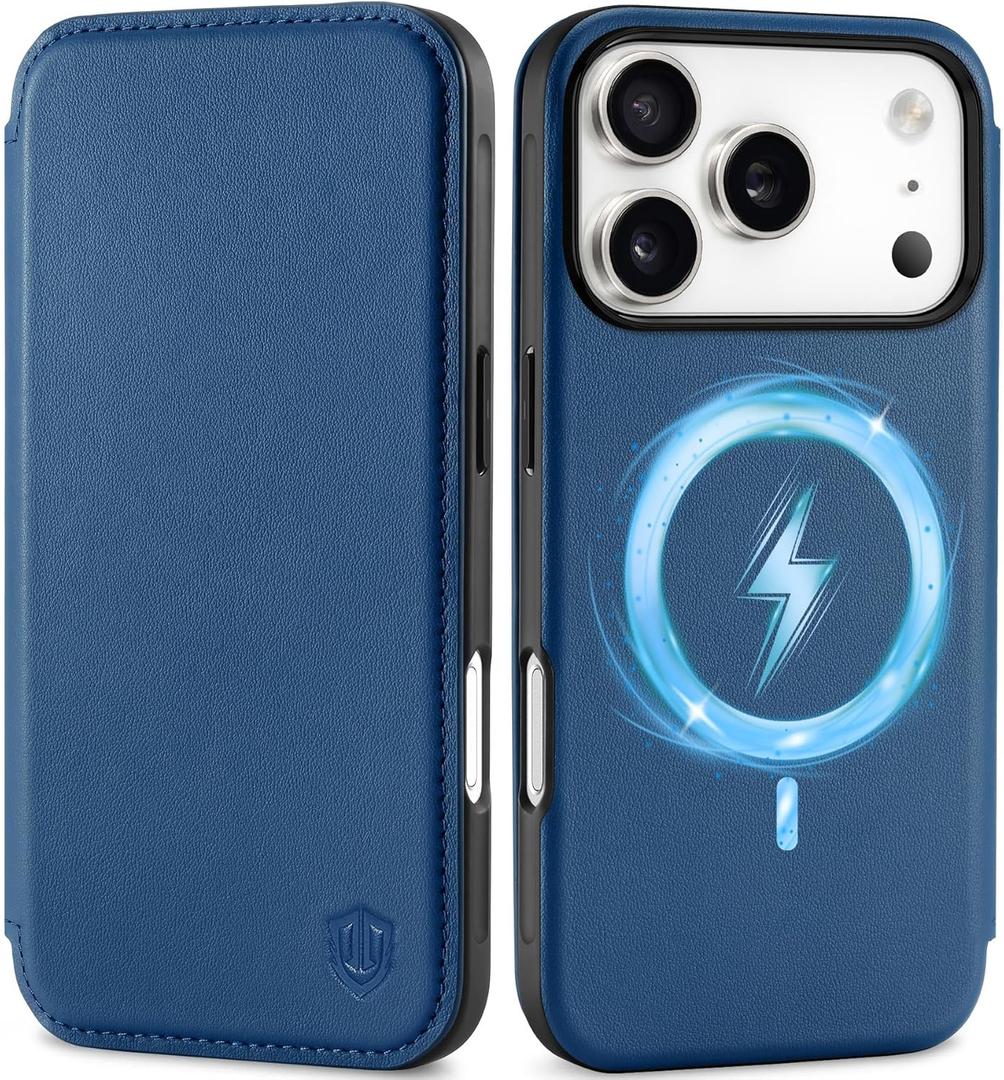 SHIELDON Genuine Leather Slim Wallet Case for iPhone 17 Pro 6.3" 2025 | Wireless Charging, Folio Magnetic Closure, RFID Blocking Credit Card Holder, Shockproof Phone Cover - Royal Blue