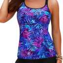 Yonique Two Piece Tankini Swimsuits for Women with Shorts Tummy Control Bathing Suits Athletic Swimwear (X-Large, Blue Purple Leaves)