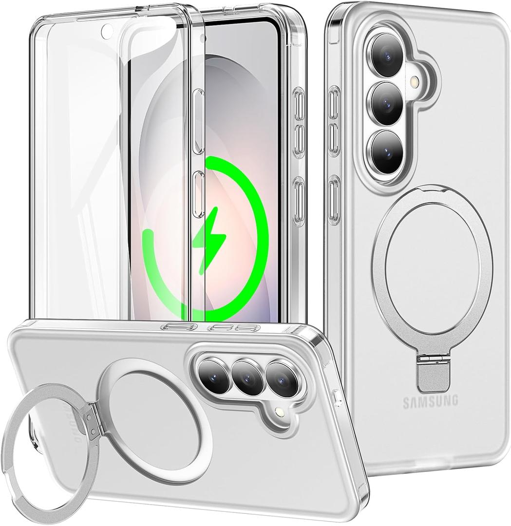 for Samsung Galaxy S26 Case with Magnetic Invisible Stand[Compatible with MagSafe] with Screen Protector Dual Layer Full Body Military Shockproof Translucent Phone Cover-White