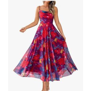 BTFBM Women Summer Floral Maxi Dresses Elegant Spaghetti Strap Dress Printed Party Dress Beach Long Dresses, Extra Large , Floral Navy Red Flower 
