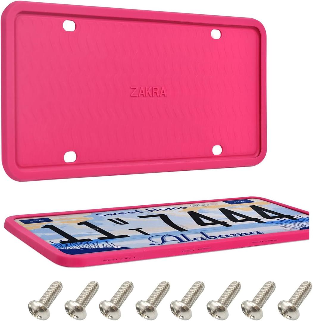 ZAKRA 2 Pack Hot Pink Silicone License Plate Frame, 100% Street Legal & Zero Obstruction, Aesthetic Girly Car Accessories for Women, Rust-Proof & Rattle-Free Universal Car Tag Holder, Ideal Gift