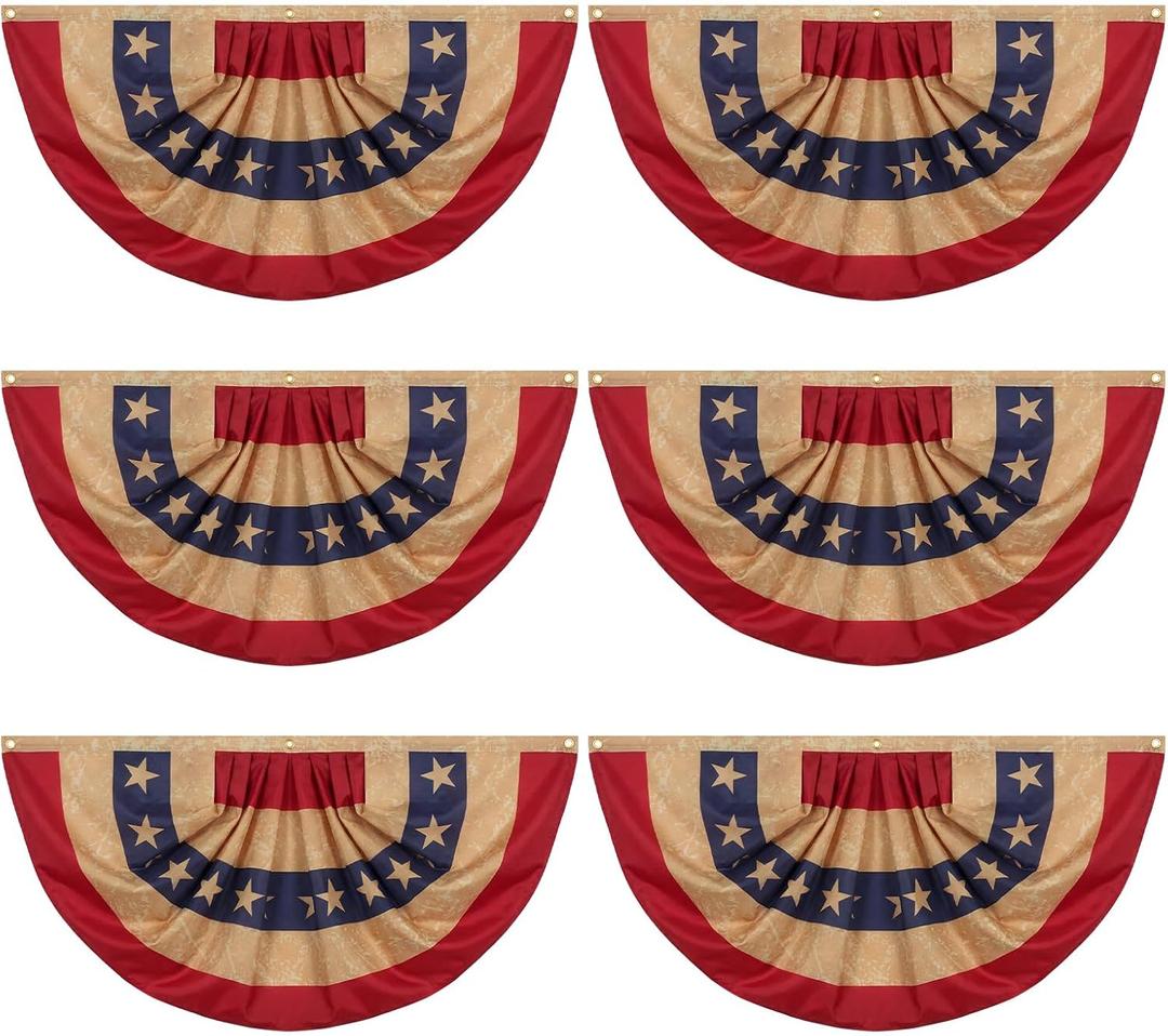Fanfanwin 6 Pcs Tea Stained Patriotic Bunting Flags 2x4 ft 250th Anniversary Patriotic Decorations Hanging American Half Fan Flag Banner for Outside Independence Day Memorial Day with Brass Grommets