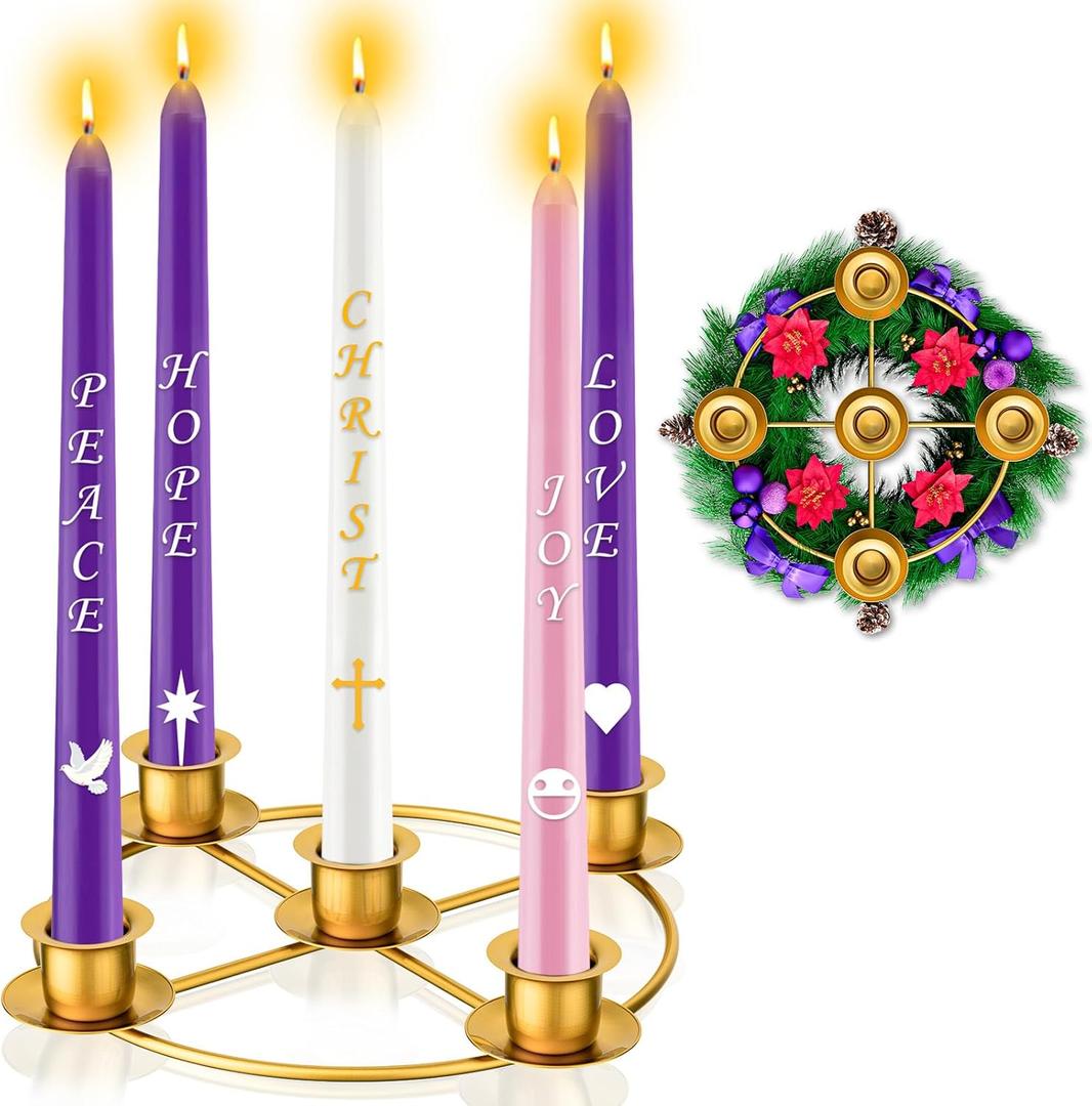 Advent Wreath 5 Candle Holder, Christmas Candle Rings Candle Holder for Tapered Advent Candles, Advent Wreath Ring Table Decoration for Christmas Advent Festival Home Party Church, Gold(No Candles)