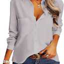AISEW Womens Button Down Shirts Casual V Neck Long Sleeve Loose Fit Collared Plain Blouses Tops with Pocket,Grey, S