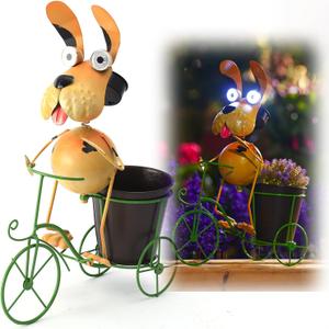 14" Solar Bike Dog Statue Lights Outdoor Metal Yard Art, Funny Bicycle Plant Stand for Garden Patio Decor Lawn Ornaments (Bicycling Dog)