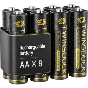 TWINSDUCK AA Rechargeable Batteries 8 Pack, 2800mAh Pre-Charged NiMH Batteries for Remotes, Clocks, Toys, flashlights & Game Controllers