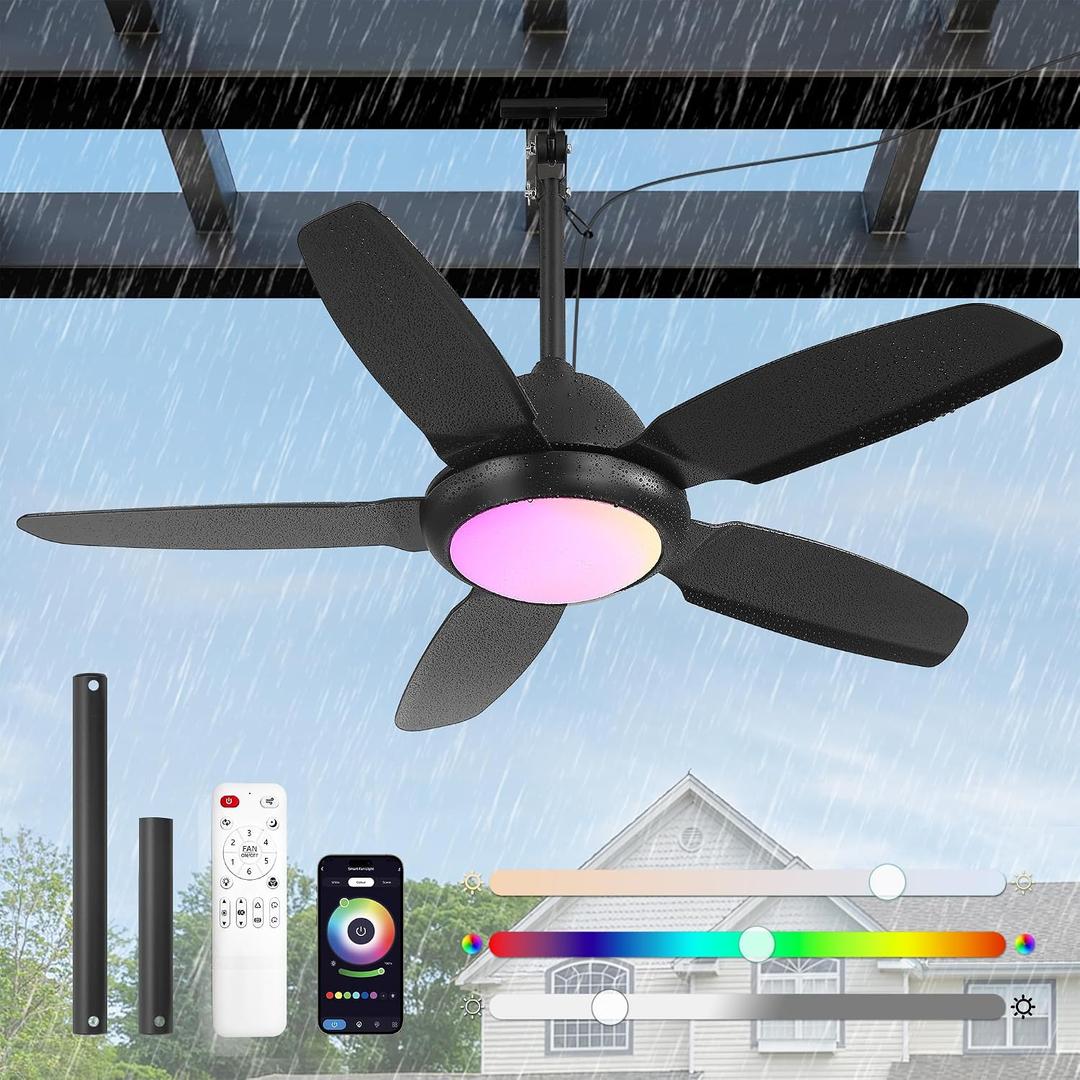 Fanbulous 42 Inch RGB Waterproof Outdoor Ceiling Fan with Lights,APP & Remote Control,IP65 Hanging Gazebo Fan with 3CCT 6-Speed DC Motor,Black Wet Rated Plug in with Cord for Patios Porch Pergola