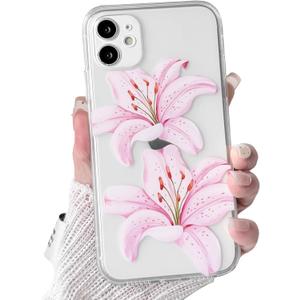 NITITOP Compatible with iPhone 11 Case Clear Cute Pink Lily Blossom Floral Flowers Pattern for Girls Women Soft TPU Transparent Shockproof Protective Phone Cover - Large Flower
