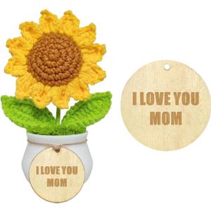 Crochet Sunflower with Positive Wood Tag-I Love You-Gift for Mom, Birthday Mothers Day Thanksgiving Christmas for Mom from Daughter Son Stepmother Adoptive