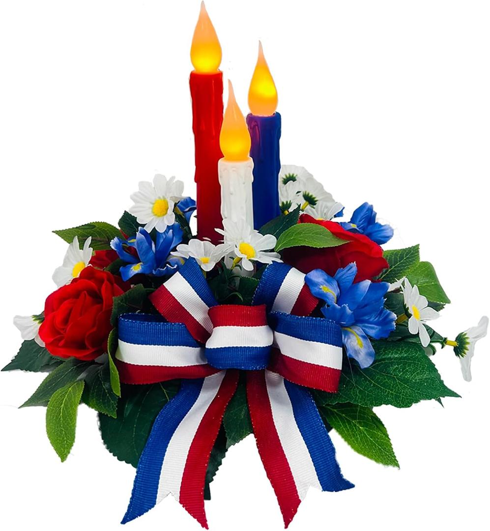 4th of July Decorations,Patriotic Floral Arrangement Centerpiece for Table, Red White and Blue Fake Flowers Fourth of July Taper Flameless Candles for Independence Day Home Decor,Memorial Day Dcor