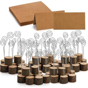 Tosnail 50 Pack Wooden Place Card Holders with 50 Kraft Paper Cards, Rustic Wood Table Number Stands Photo Holder - Spiral Wire