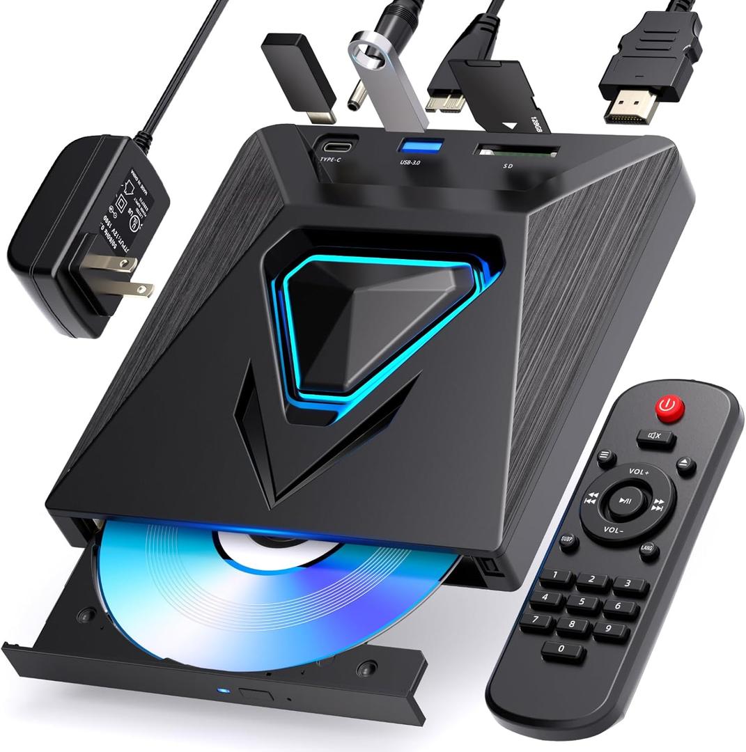 6-in-1 DVD Player for TV-External Mini CD/DVD Drive with HDMI AV Output, USB/TF Reader. Universal DVD Player forTV/ Monitors/PCs/Laptops, PAL/NTSC Support.player for home theater stereo system