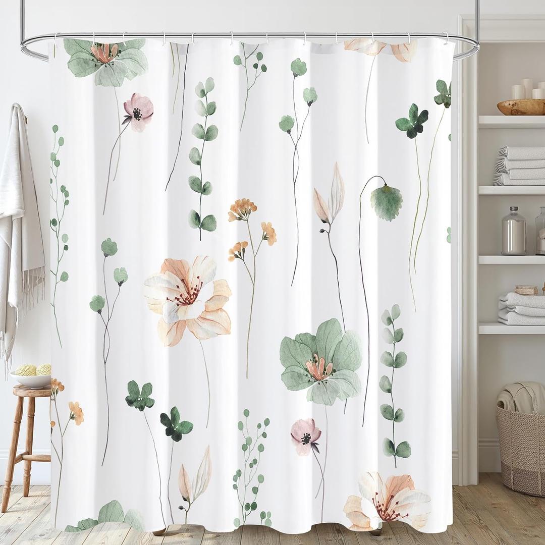 Gibelle Watercolor Floral Shower Curtain, Sage Green Beige Flower Shower Curtain for Bathroom, Modern Minimalist White Waterproof Fabric Shower Curtain Set with Hooks 72x72 Inch