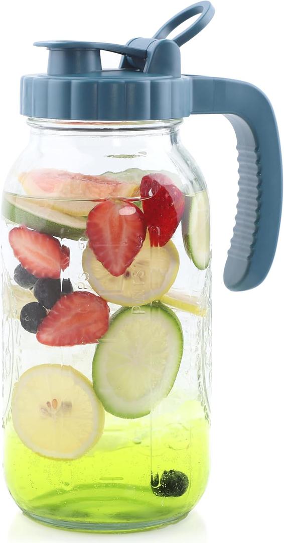 Mason Jar Pitcher 2 Quart With Pour Spout Lids 64 OZ Wide Mouth Water Pitcher Airtight And Leakproof Glass Carafe With Handle And Flip Cap For Milk, Iced Tea, Cold Brew Coffee, Juice, Infused Water