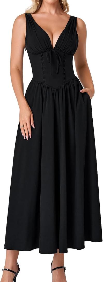 GLNEGE Womens Corset Wedding Guest Midi Dress Summer Floral Tea Party Flowy Dress V Neck Milkmaid Sundress with Pockets 2026 (Black, S)
