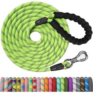 NTR Heavy Duty Dog Leash, 15FT Training Leash with Swivel Lockable Hook, Padded Handle and Highly Reflective Threads, Dog Lead for Walking, Hunting, Camping, Backyard for Small Medium Large Dog (15ft*1/2", Green)