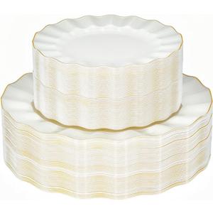 120PCS Ivory White Plastic Plates, Heavy Duty Disposable Party Plate with Gold Rim, Fancy 60 Dinner & 60 Dessert Plates for Parties and Wedding