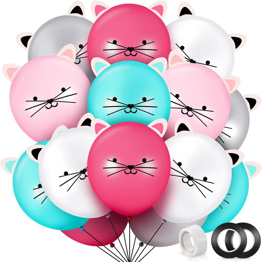 50 Pieces 12 Inch Cat Balloons Party Latex Kitty DIY Animal for Birthday Party with Ears Cat Kids Balloons for Girls Supplies, 5 Colors