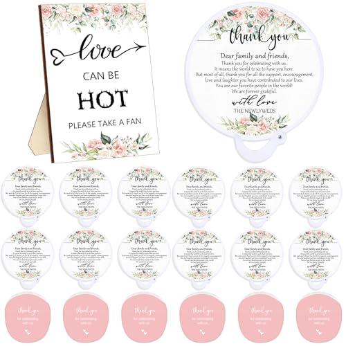 Wenqik 100 Pcs Wedding Fan for Guests and 1 Love is Hot Sign Wooden Wedding Table Sign Folding Hand Round Shaped Folding Fan with Plastic Handle and Storage Bag for Bridal Shower(Flower)