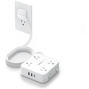 Flat Extension Cord, TESSAN Surge Protector Power Strip 5 FT with 8 Outlets 3 USB (1 USB C) Ports, 3-Sided Outlet Extender with 900J Surge Protection for Office Supplies, Dorm Room Essentials, White