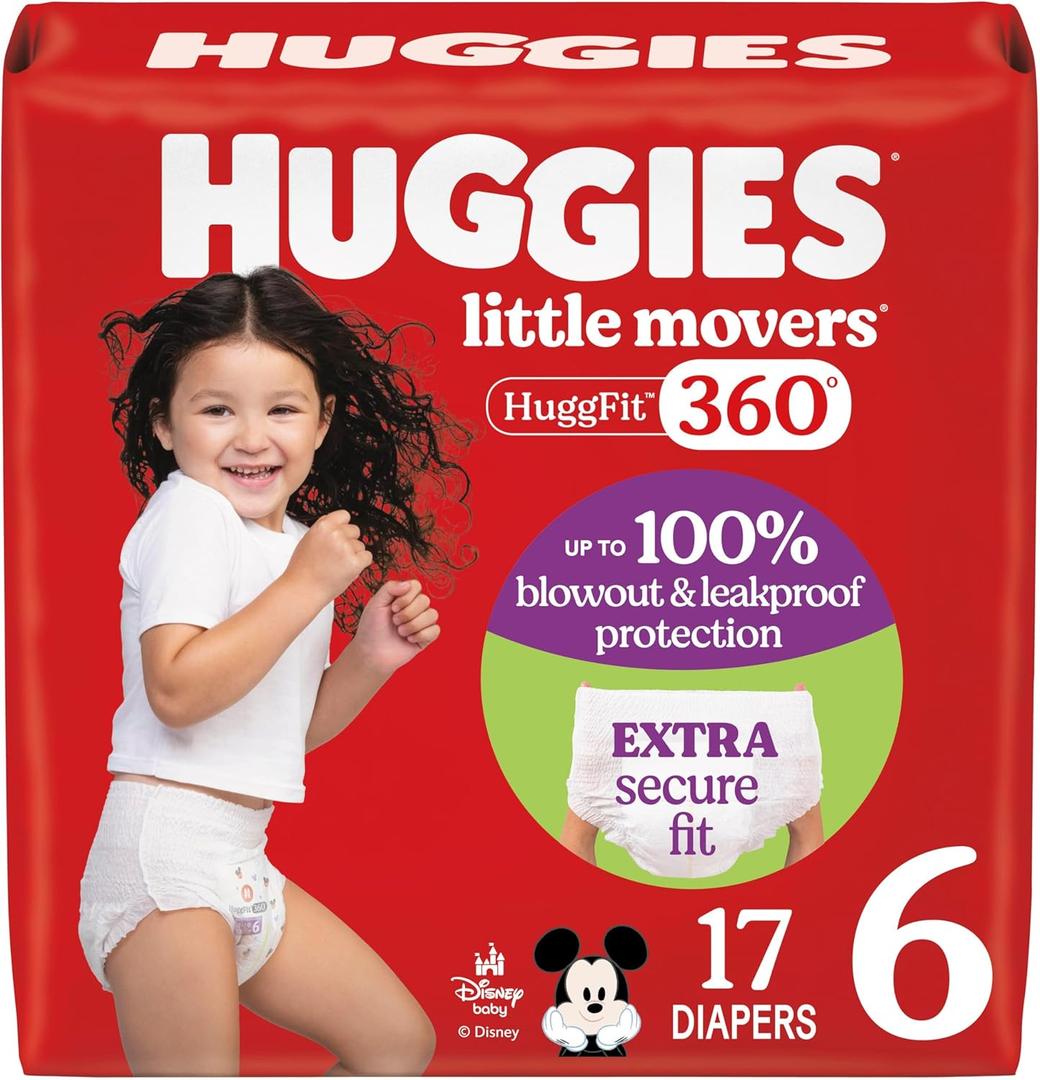 Huggies Size 6 Baby Diapers, Little Movers HuggFit 360 Baby Diapers with 360 Waistband, Size 6 (35+ lbs), 17 Count, Packaging May Vary