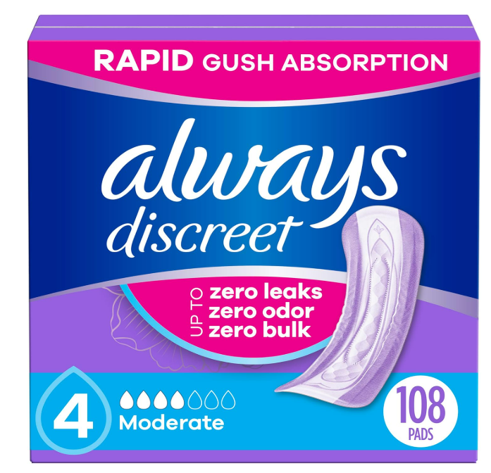 Always Discreet Adult Incontinence Pads for Women, Moderate Absorbency, Regular Length, Postpartum Pads, 108 CT (Packaging May Vary)