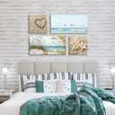 Coastal Wall Art Seascape Artwork: Sea Grass and Starfish on Beach Canvas Painting for Living Room (16'' x 16'' x 2 Panels + 32'' x 16'' x 2 Panels)