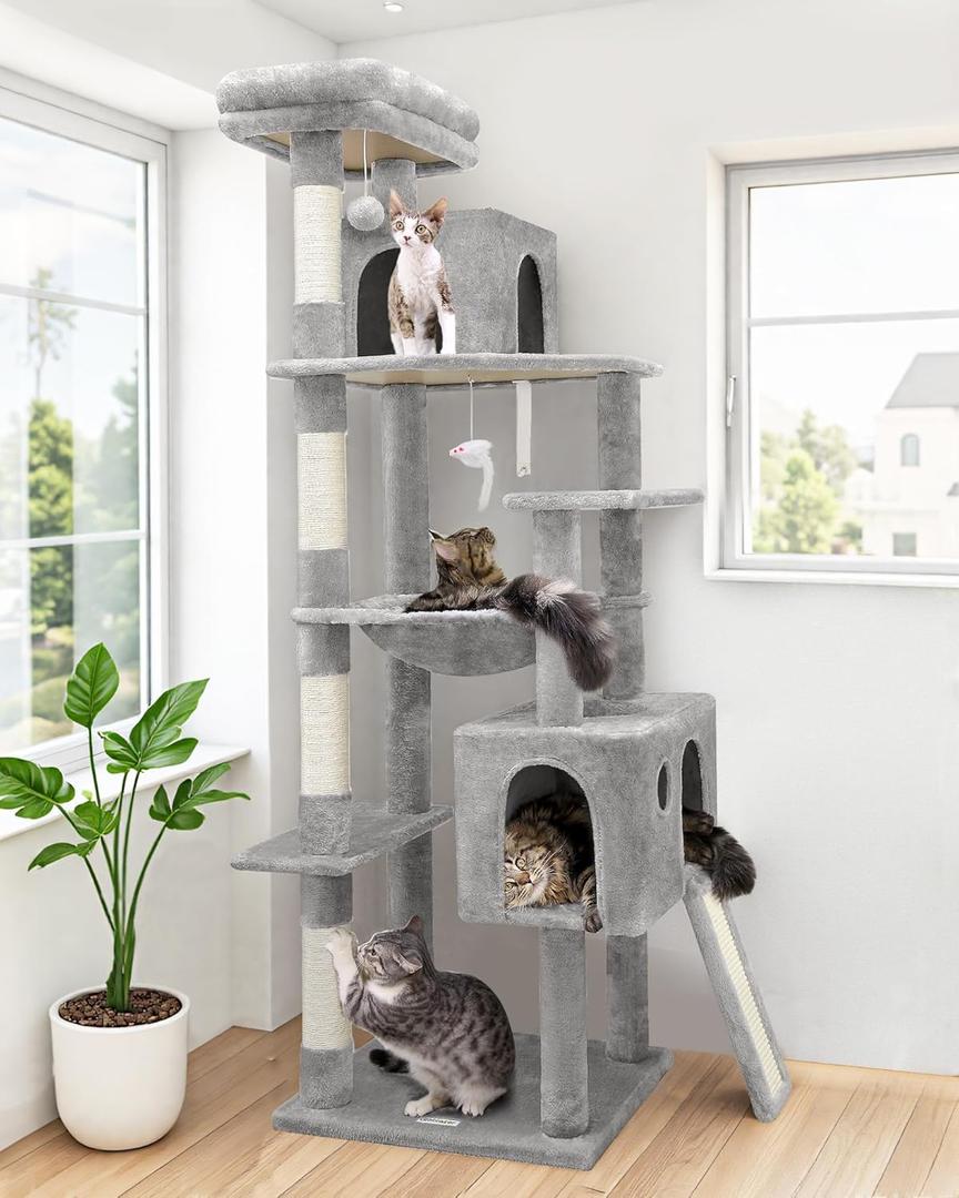 Globlazer Heavy Duty Cat Tree Tower, 70inch Sturdy Cat Tree for Indoor Cats Sturdy Large Cat Tower with Scratching Post and Scratching Board, Hammock, Cat Condo for Adult Cats Kittens, F70 Pro, Grey