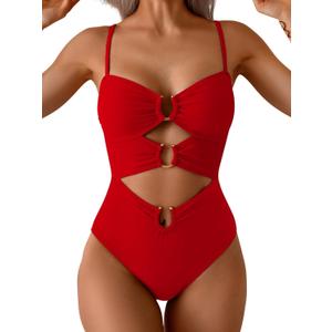 Eomenie Womens Cutout One Piece Swimsuit with Ring Linked Sexy Monokini Bathing Suit for Beach Vacation (Large, Red)