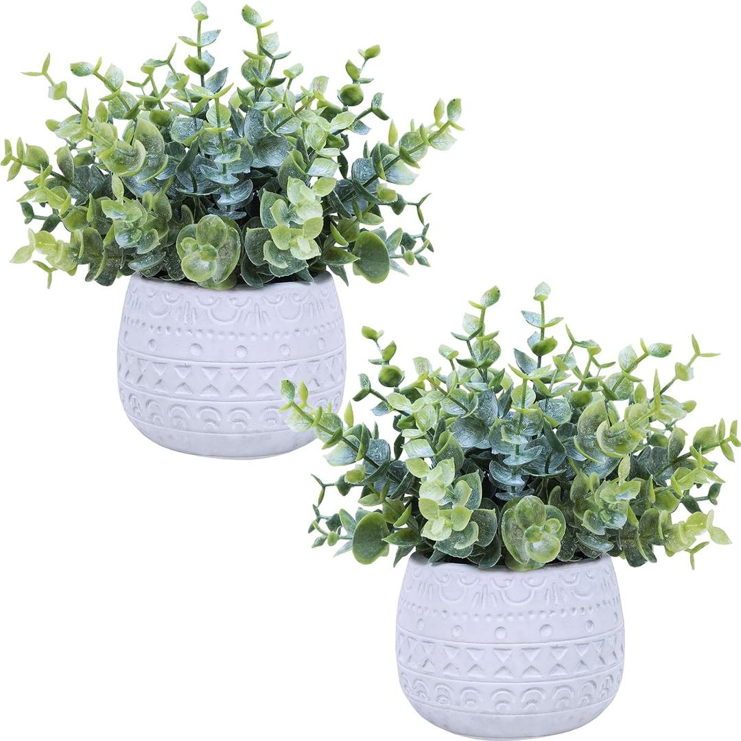 Winlyn Set of 2 Small Artificial Potted Plants Faux Eucalyptus Plant in White Geometric Ceramic Pots Small Desk Potted Plants 7.1" Tall for Home Office Room Decorations Wedding Greenery Centerpiece