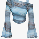 Women's Y2K 2 in 1 Off Shoulder Tops Tie Dye Floral Sheer Mesh Ruched Bell Sleeve Crop Tank Top Asymmetrical T Shirts Small