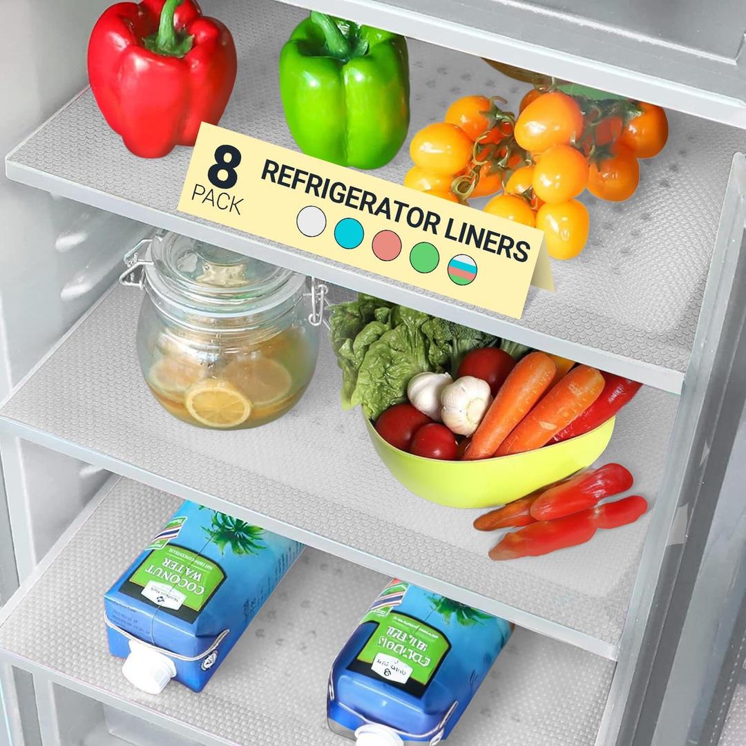 Refrigerator Liners for Shelves (8 Pack) by Lindas Essentials - Non-Adhesive Drawer and Shelf Liner, BPA-Free Fridge Mats for Kitchen & Cabinets, Easy to Clean, Ideal Household Essentials (Clear) (8 Sheets (17.7 x 11.4 Inches))