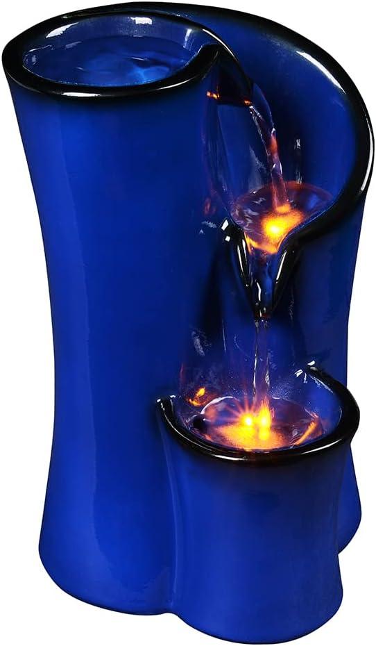 Indoor Water Fountain Imitation Ceramics Appearance Tabletop Relaxation Desktop Waterfall w/ 3 Reflective led, 9.8 Inch Tall (Blue)