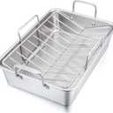 P&P CHEF 16" Roaster Roasting Pan with Baking Rack and V-shaped Rack, Stainless Steel Rectangular Lasagna Pan with Handles for Turkey Chicken, Healthy & Dishwasher Safe, 3 Pieces, Silver