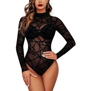 Avidlove Long Sleeve Bodysuit for Women Turtleneck Sheer Mesh Bodysuit Geo Print Leotards Size M