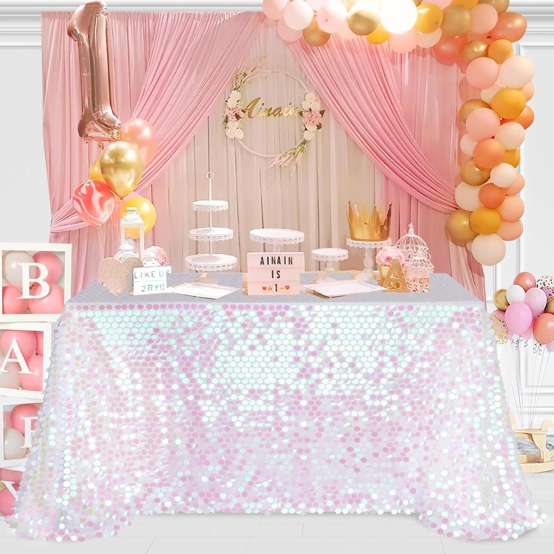 B-COOL Iridescent White Sequin Tablecloth Big Payette Mermaid Table Cloth Overlays Rectangle Glitter Table Cover 50x102 Inch for Wedding Party Bridal Baby Shower Holiday Birthday Banquet Decor