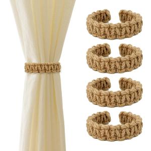 Outdoor Curtain Tiebacks, Curtain Ties (4 Pack) - Boho Braided Farmhouse Rustic Flexible Rope Drapes Holder, Burlap Elegant Light Curtain Holdback for Home Bedroom Office Decorative