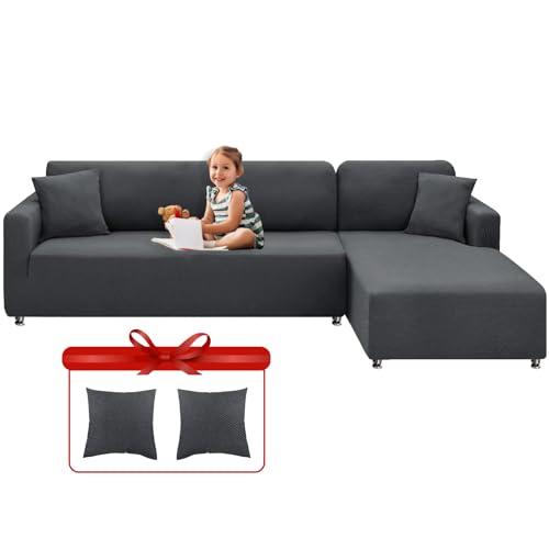 XINEAGE Sectional Couch Covers High Stretch 2 Pieces L Shape Sofa Cover with 2pcs Pillowcases Corner Couch slipcovers Chaise Cover with Elastic Bottom 3 Seats + 3 Seats (Gray)