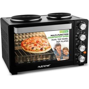 NutriChef 30 Quart Kitchen Convection Oven & 2 Burner Cooker - 1500 Watt Oven - 7 Cook Functions Rotisserie, Cook, Bake, Broil & More - Includes Baking Tray, Skewers & Handles - 19.6 x 16.0 x 13.5 IN