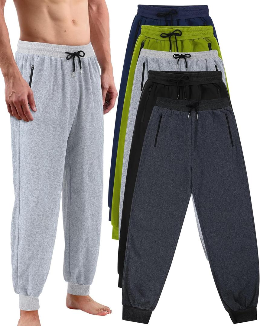 Chuarry 5 Pack Mens Sweatpants Lightweight Fleece Jogger Active Athletic Pants with Zipper bags and Drawstring (X-Large)