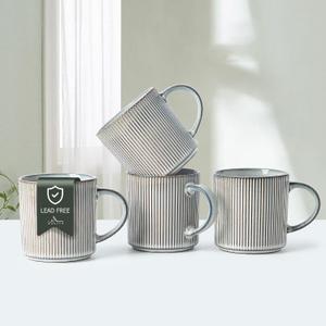 MONITO 16Oz Coffee Mugs Set of 4, Rustic Ceramic Coffee Cups Set with Large Handle, Vintage Striped Stoneware Coffee Mugs for Latte, Cocoa, Tea, Milk, Microwave & Dishwasher Safe, Smoky Blue