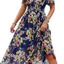 Women's Floral Maxi Dress Flowy V Neck Empire Waist Summer Wedding Guest Party Casual Chiffon Dress 3XL