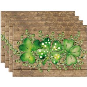 XCHI Wood Grain Green Shamrocks Clovers Eucalyptus Leaves St. Patrick's Day Placemats Set of 4 Table Mats for Party Home Kitchen Dining Table Decorations 12x18 Inch