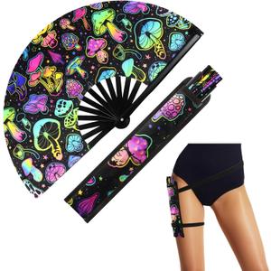 Large Rave Fan UV Glow Hand Fan with Holster for Men Women Disco Party Supplies for Carnival St. Patrick's Day Edm Music Festival Club Rave Accessories(Reflective Mushroom)