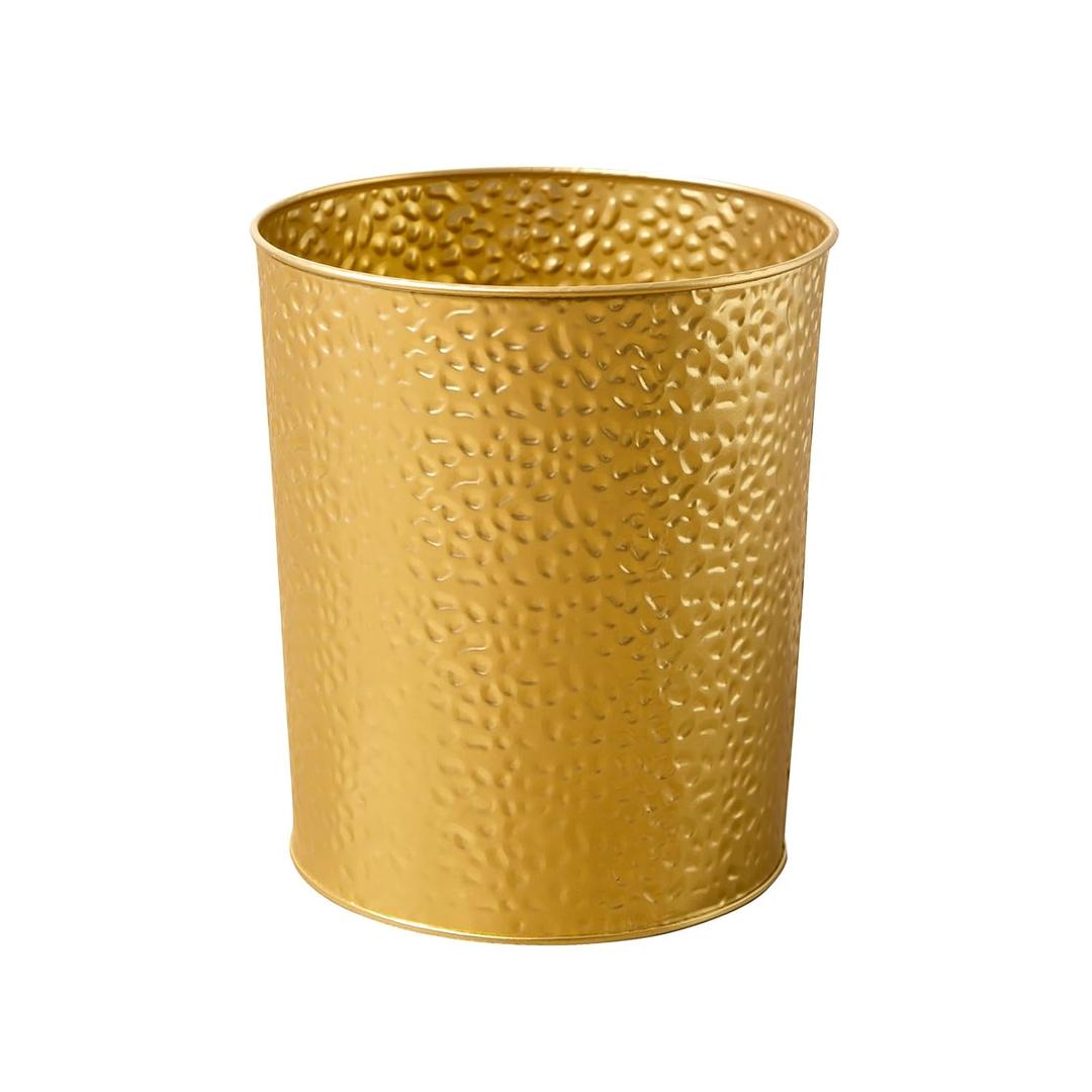 Venalys Gold Hammered Metal Trash Can Wastebasket, Decorative Stylish Garbage Can Waste Basket, Modern Farmhouse Round Trash Bin for Bathroom, Bedroom, Kitchen and Office (Large)